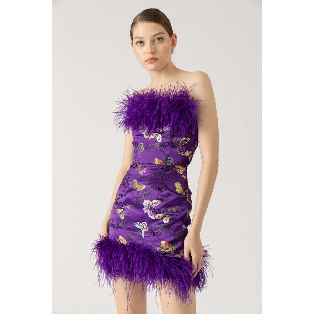 Strapless Purple Feather-Trim Mini Dress